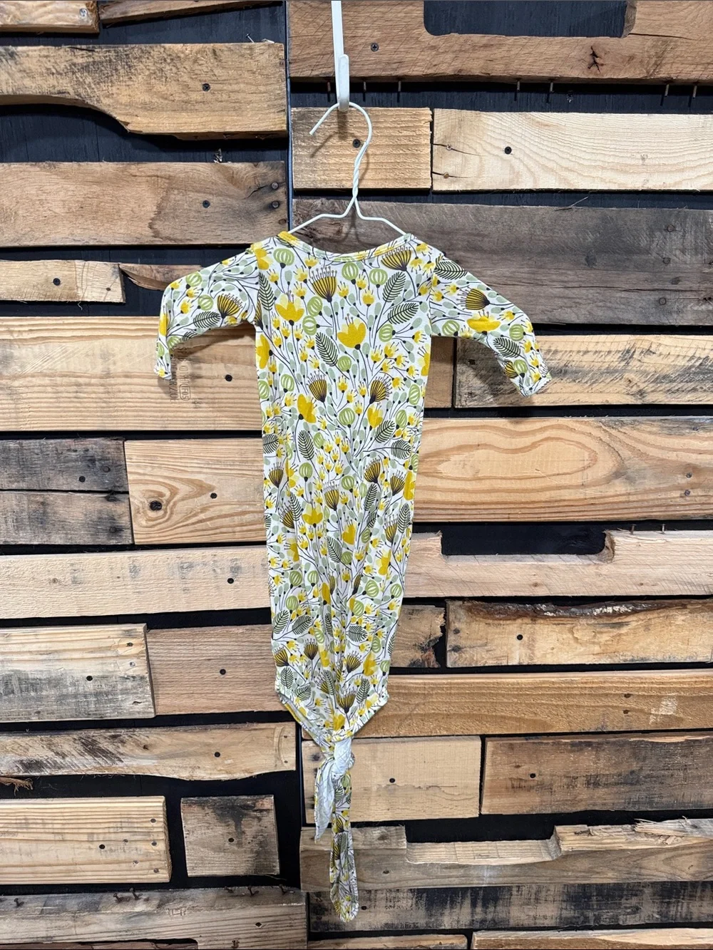 Bunny Knots Velveteen Baby 0/3 knotted gown‎ in a yellow dandelion floral print